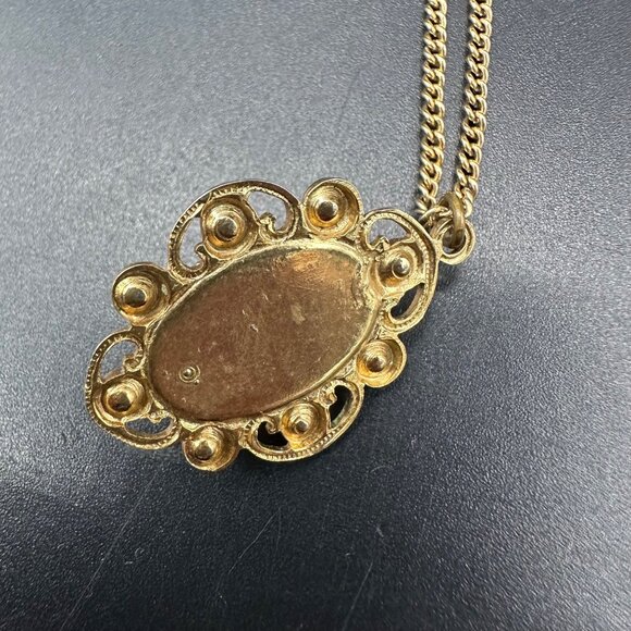 Vintage Moon Glow Necklace Victorian Style Turquoise Gold Tone Pendant Retro - Picture 6 of 8